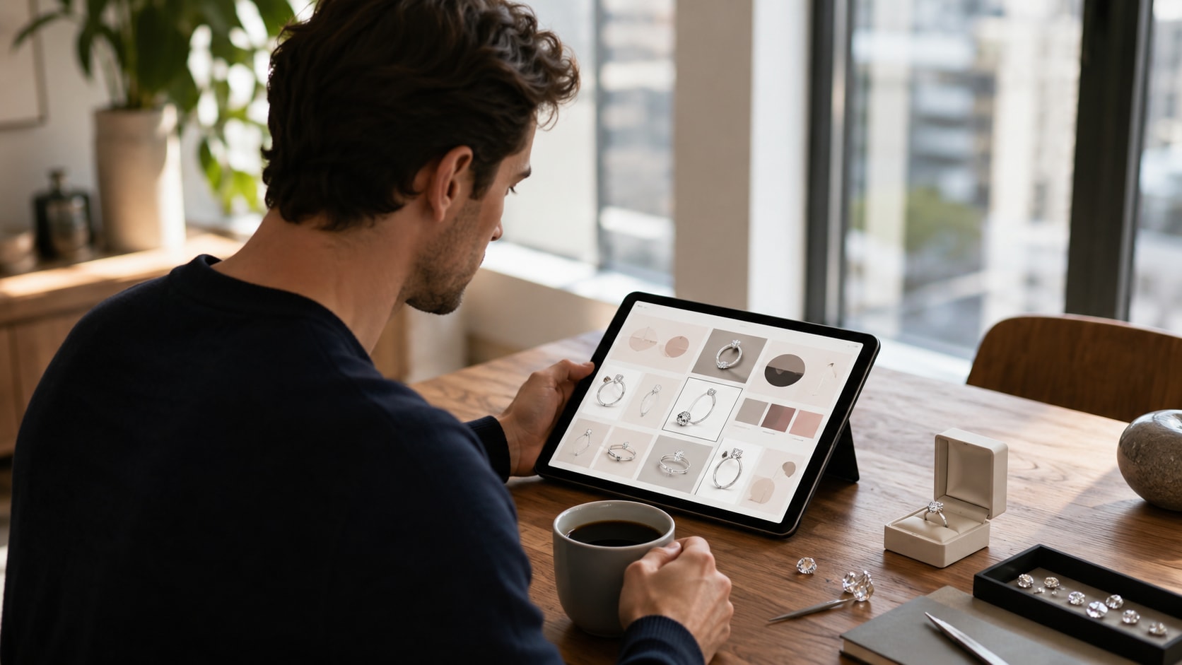En person gennemgår forlovelsesringe på en tablet.