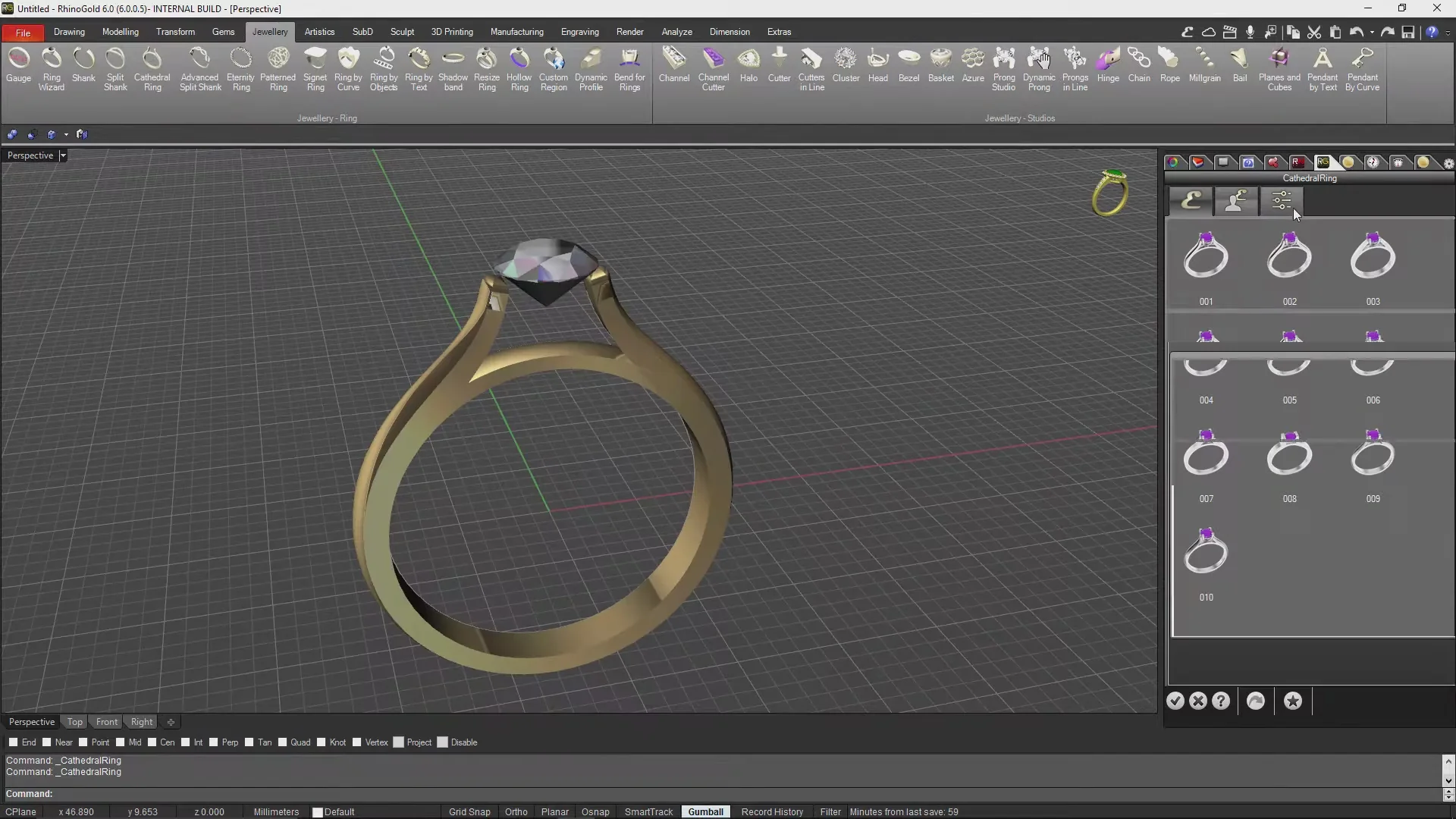 Logiciel CAD montrant une bague de fiançailles en cours de conception