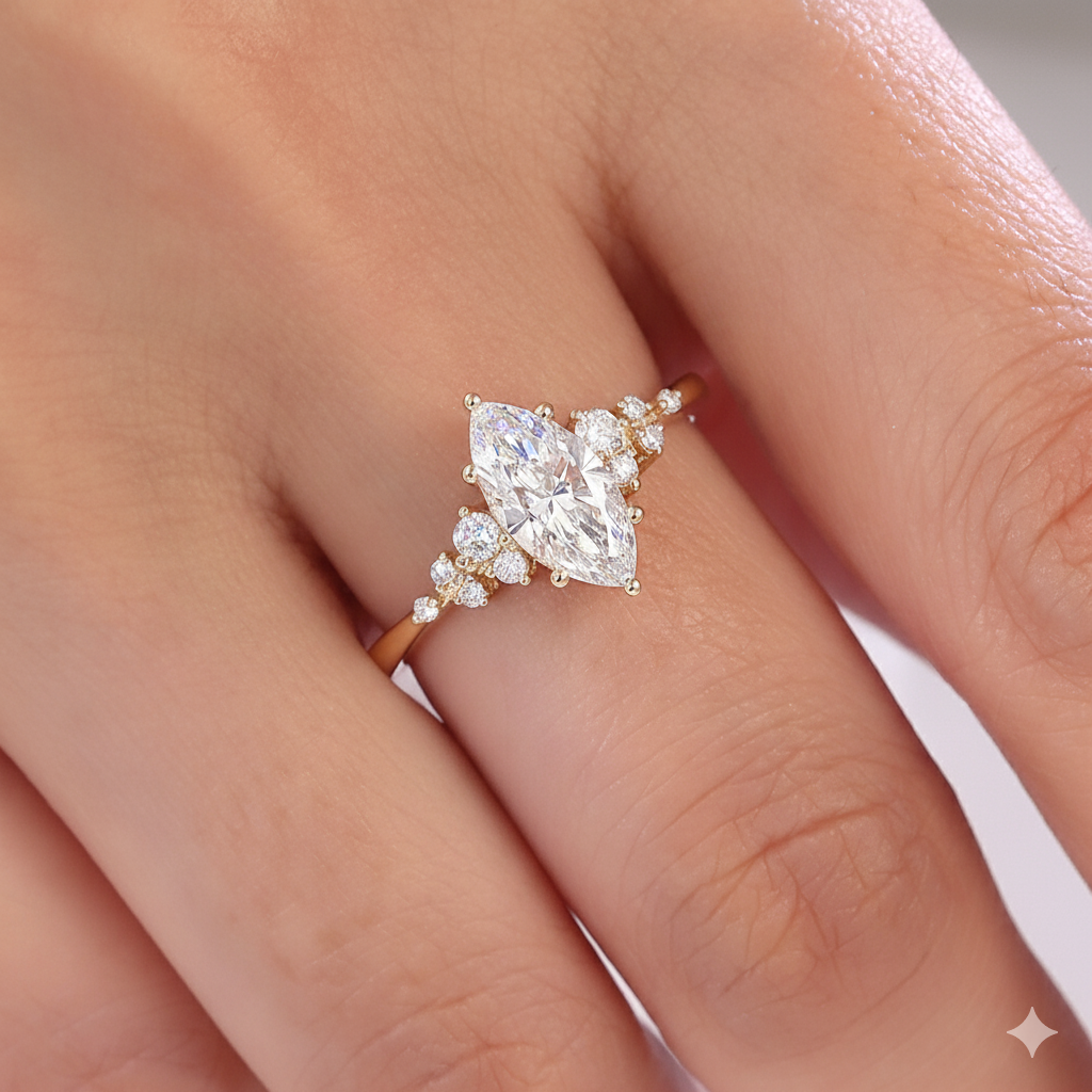 Rose gold diamond ring on a hand with a soft background