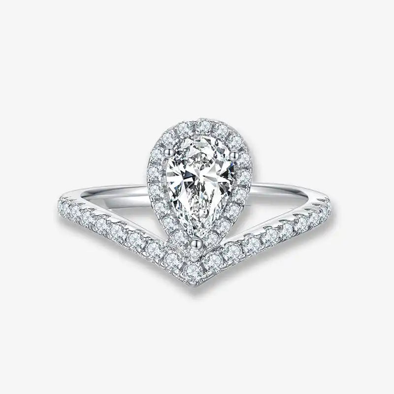 The Fiora Pear-Cut Moissanite Chevron Halo Ring