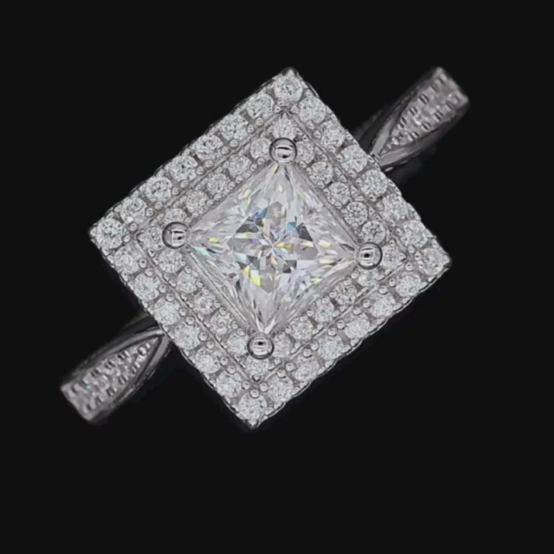 Moissanite princess-cut halo ring 💍✨, perfect for weddings and engagements. Stunning brilliance, amazing value!