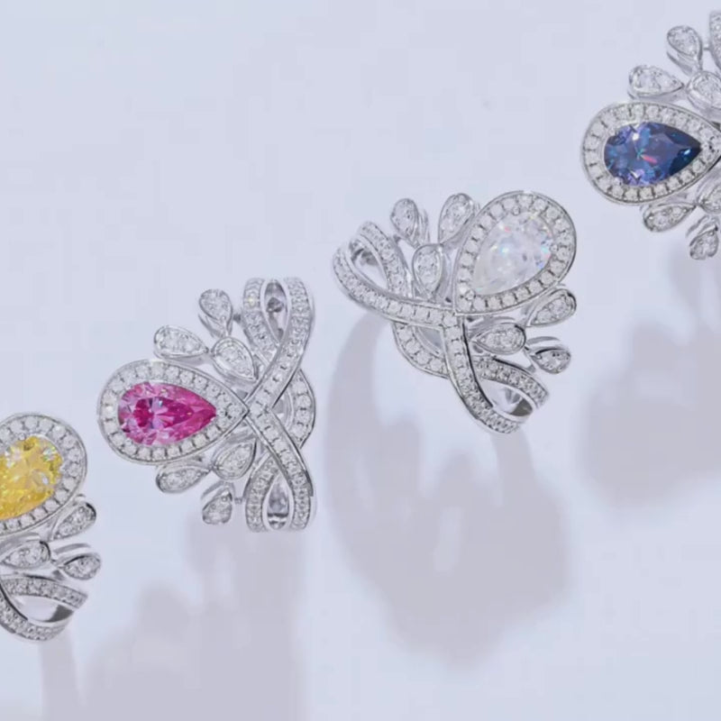 4 stunning rings with pear-cut stones and intricate designs; perfect for engagement and wedding 💍✨ #Moissanite #AmazingValue