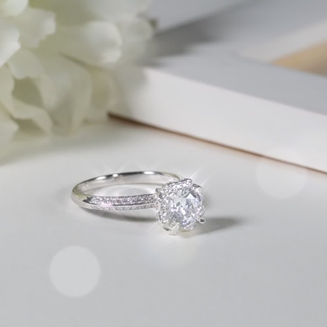 Elegant Moissanite engagement ring with floral halo 💍✨, perfect for weddings. Amazing value for your love 💖.
