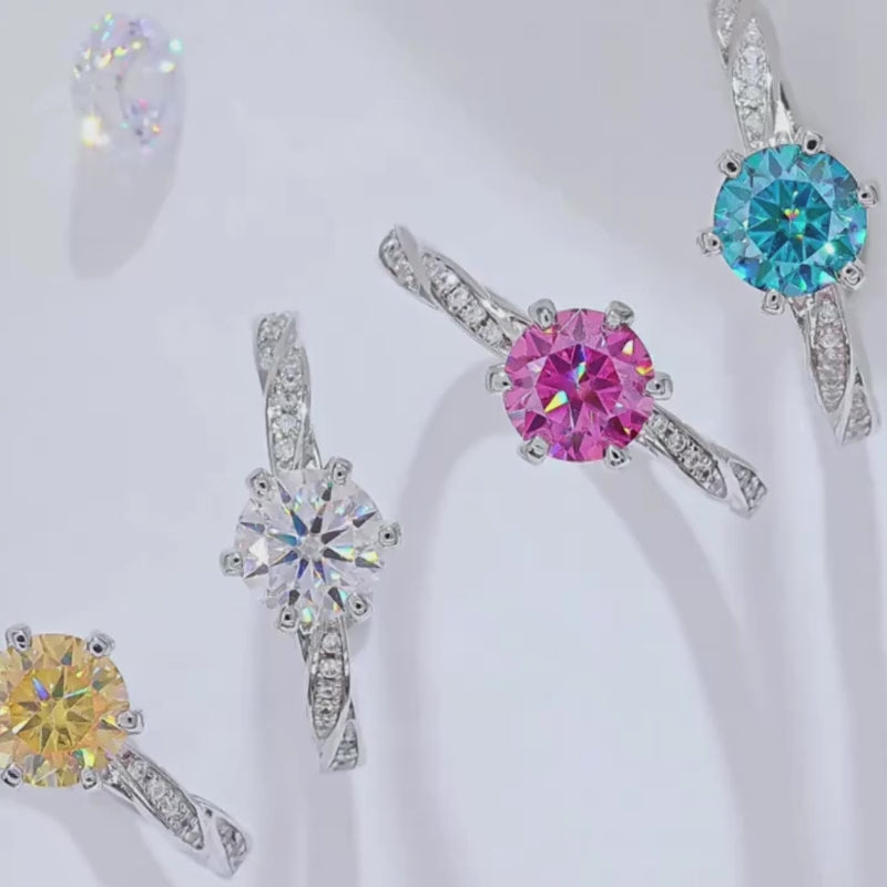 Colorful Moissanite rings in various shades, showcasing elegance and sparkle for engagement and wedding 💍✨