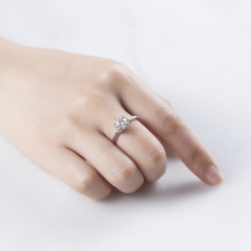 Graceful hand showing Rosalind Moissanite Engagement Ring 💍✨, featuring 1.0ct brilliance and unique design.