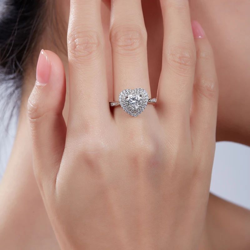 Elenora Heart-Cut Moissanite Halo Ring on hand 💍✨ Perfect for engagement or wedding, amazing value for romance!