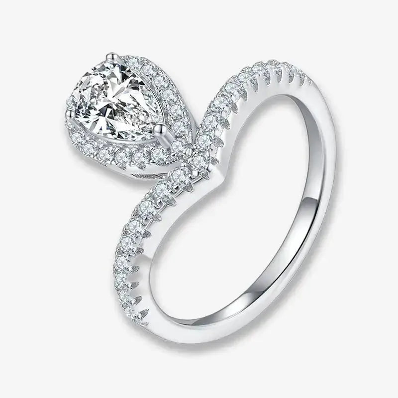 The Fiora Pear - Cut Moissanite Chevron Halo Ring - RING - Chantal Vaulet