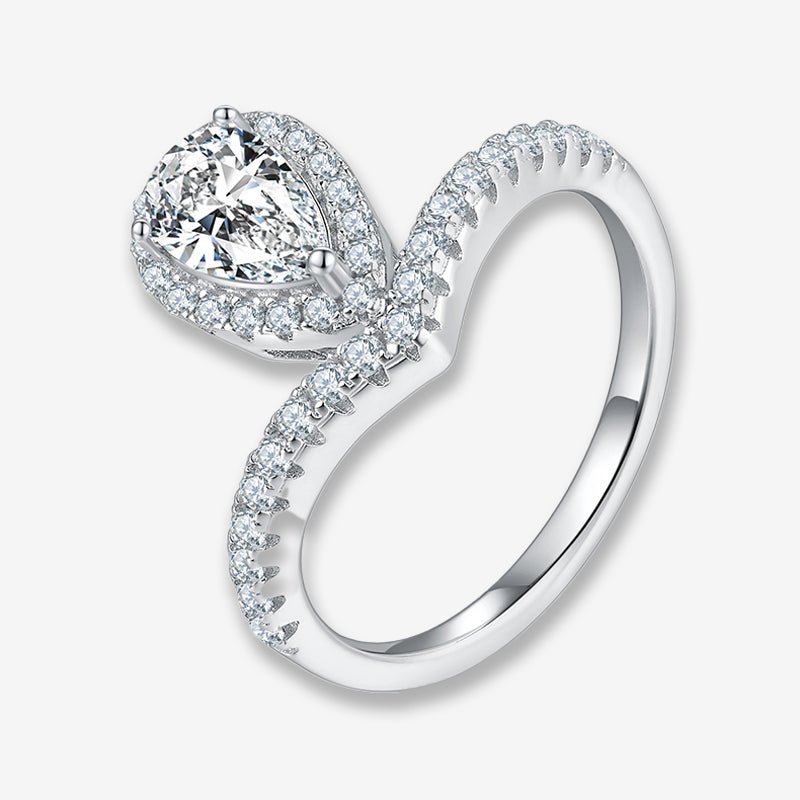Fiora Pear-Cut Moissanite Chevron Halo Ring 💍✨ - Elegant wedding engagement ring with amazing value!