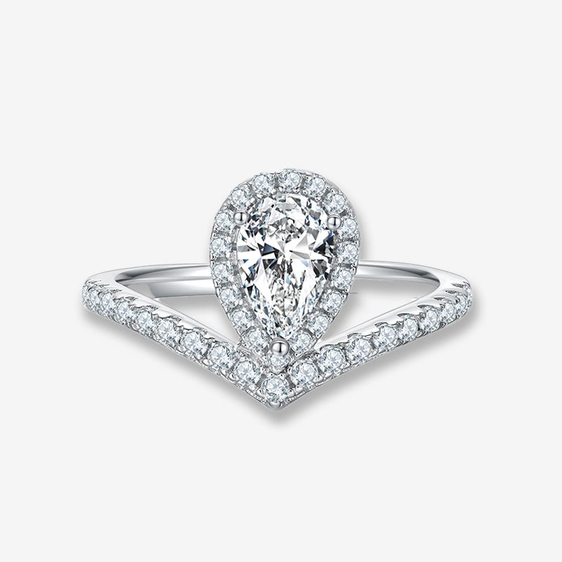 Fiora Pear-Cut Moissanite Chevron Halo Ring 💍✨ - Elegant engagement ring with stunning 1.0CT Moissanite, amazing value!