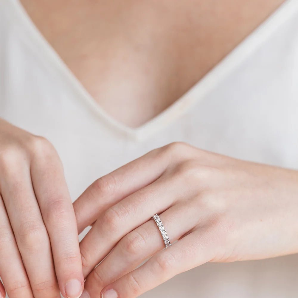 Stunning Lorena Moissanite prong-set eternity band on elegant hand. Perfect for engagement or wedding 💍✨ #Moissanite #AmazingValue