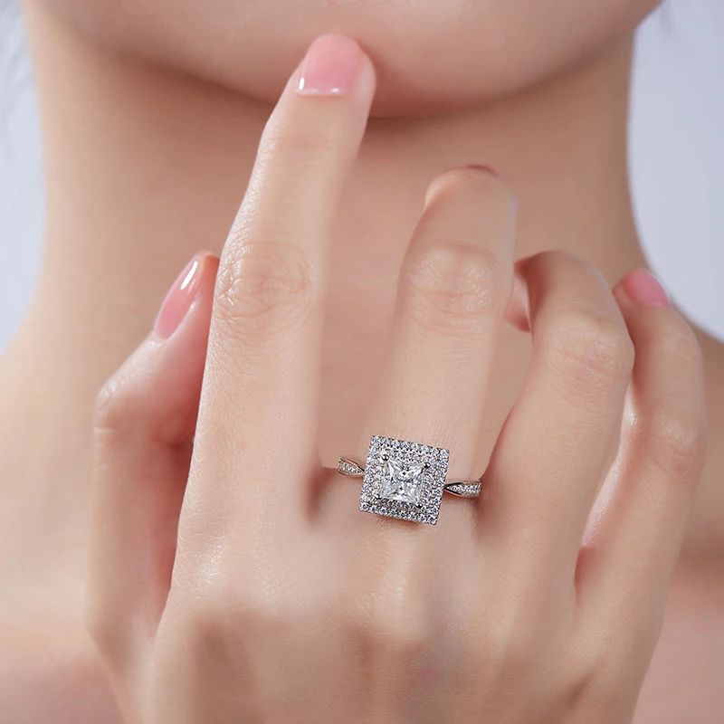 Captivating Meliora Princess-Cut Moissanite Halo Ring 💍✨, perfect for engagement or wedding, offering amazing value!