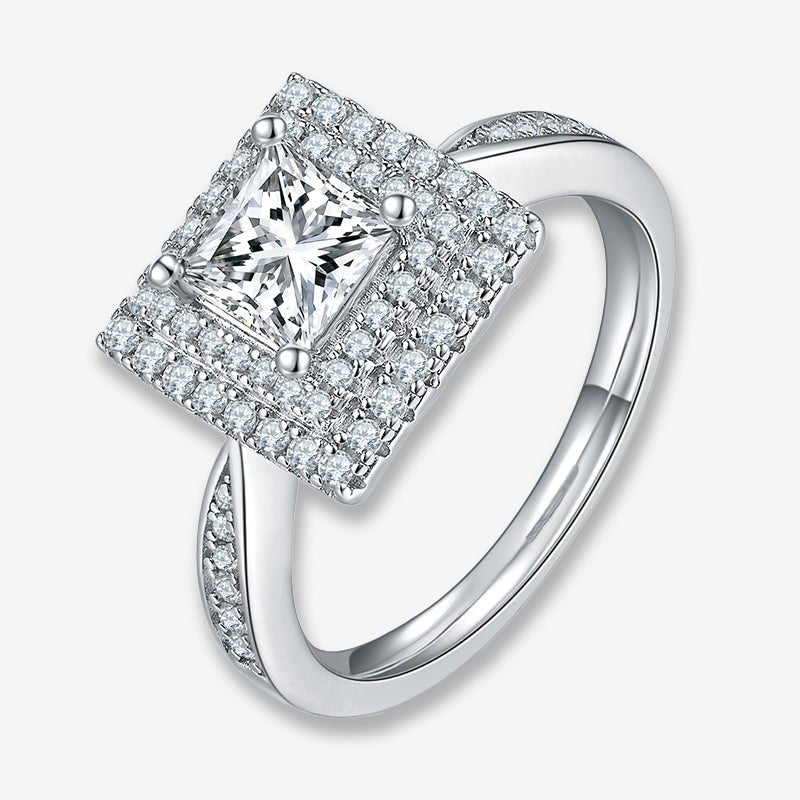 Princess-cut Moissanite halo ring 💍✨, perfect for engagement or wedding, showcasing amazing value and brilliance!
