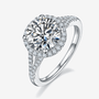 Stunning round Moissanite engagement ring with sparkling halo, perfect for weddings 💍✨. Available in 1.5CT, 2CT, and 3CT.