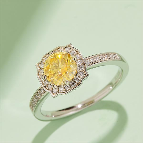 Stunning yellow gemstone ring with halo design, perfect for engagement or wedding.💍✨ Moissanite-inspired elegance!