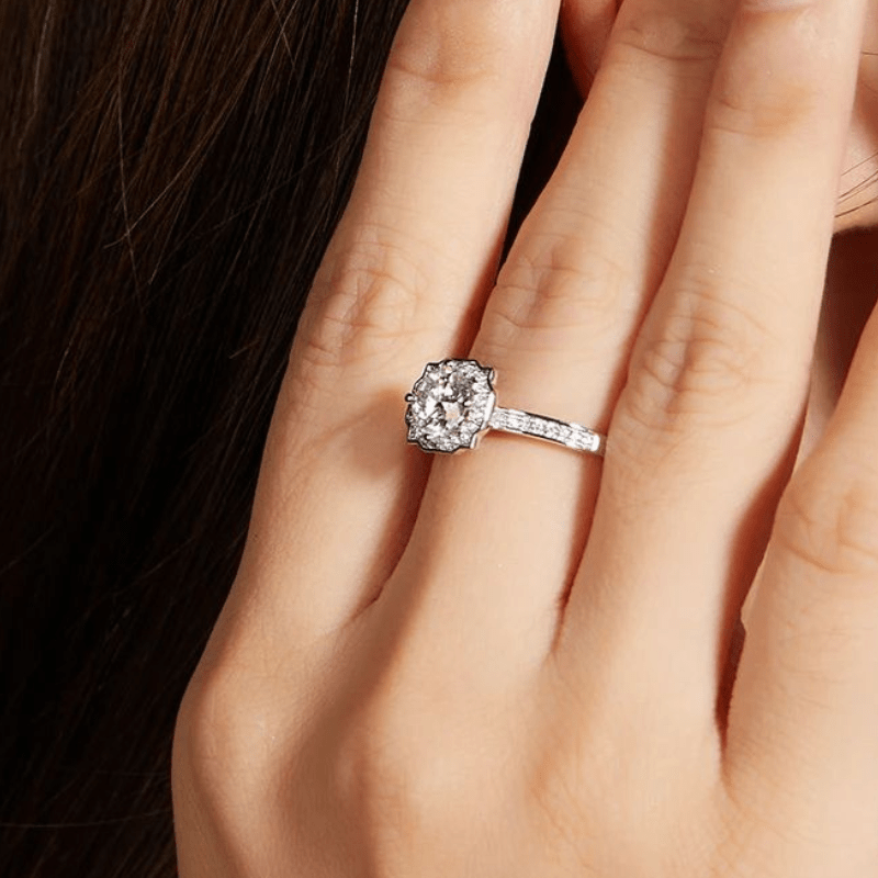 💍 Stunning Orliana Moissanite Halo Ring on hand, perfect for engagement or wedding, offering amazing value. ✨ #Moissanite