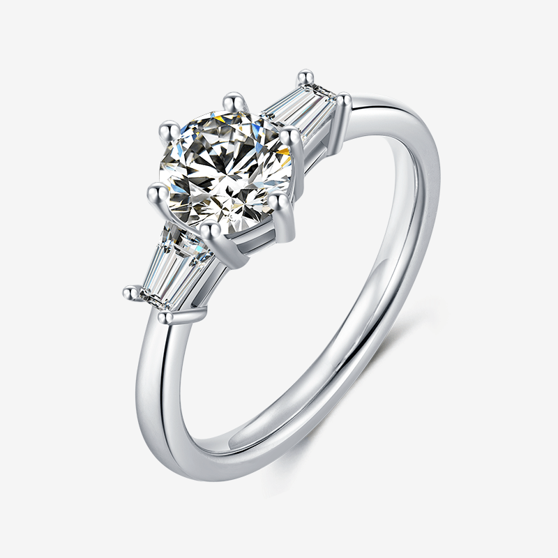 Stunning Seralyn Moissanite Baguette Ring 💍✨, featuring a sparkling 1.0CT round stone and tapered baguette cuts. Perfect for weddings!