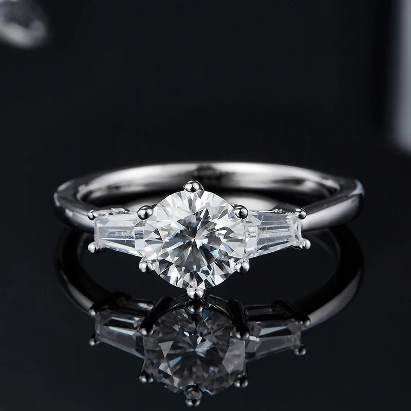 Stunning Seralyn Moissanite Baguette Ring 💍✨ with a sparkling round-cut center, ideal for engagements and weddings! #AmazingValue