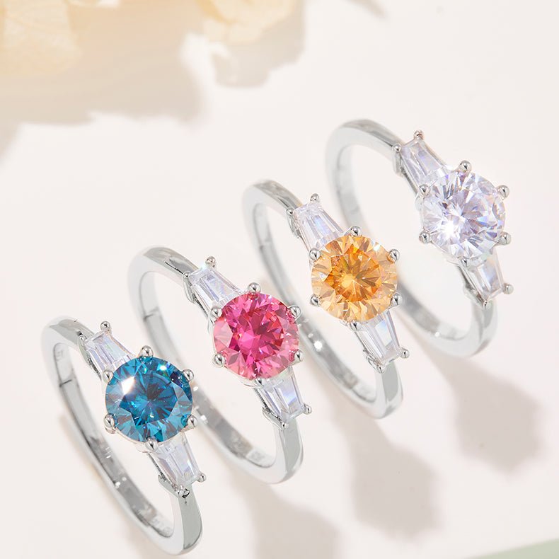Colorful engagement rings featuring Moissanite and delicate baguette accents. 💍✨ Perfect for weddings! #AmazingValue
