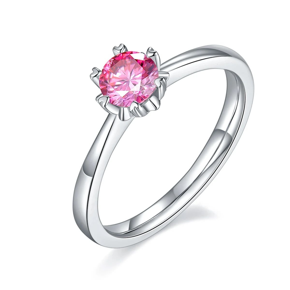 Solaya 0.5CT Moissanite Ring featuring a round pink stone in floral prong setting, made of polished 925 sterling silver. 💍✨