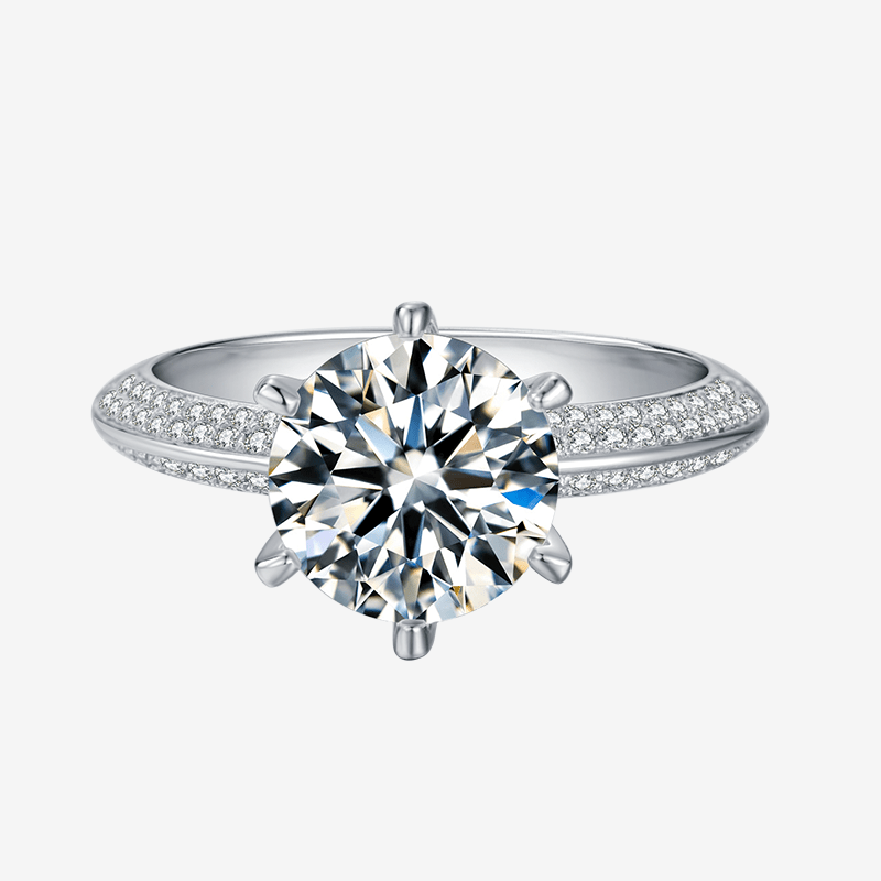 Stunning Valmora 3CT round-cut Moissanite ring with zirconia pavé, perfect for engagement and wedding 💍✨