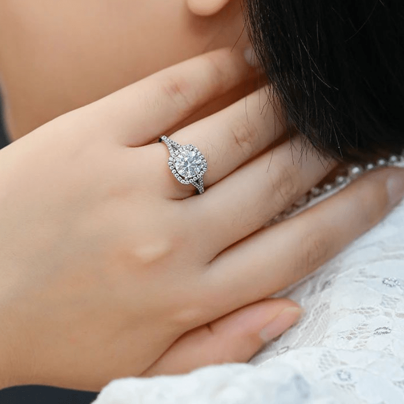 Stunning Zalenka Moissanite ring on finger, showcasing elegant round-cut brilliance for weddings 💍✨