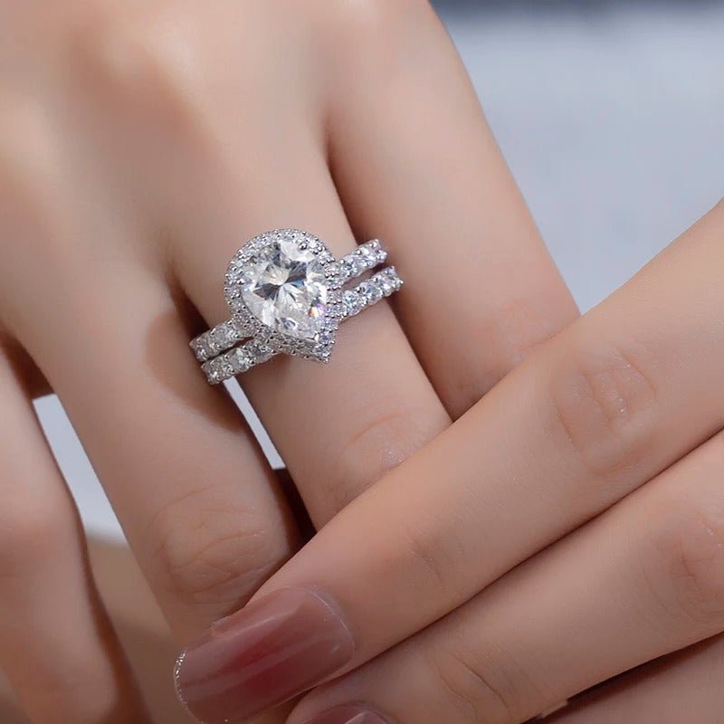 Elegant pear cut Moissanite halo ring and band set, perfect for engagement or wedding 💍✨ #AmazingValue
